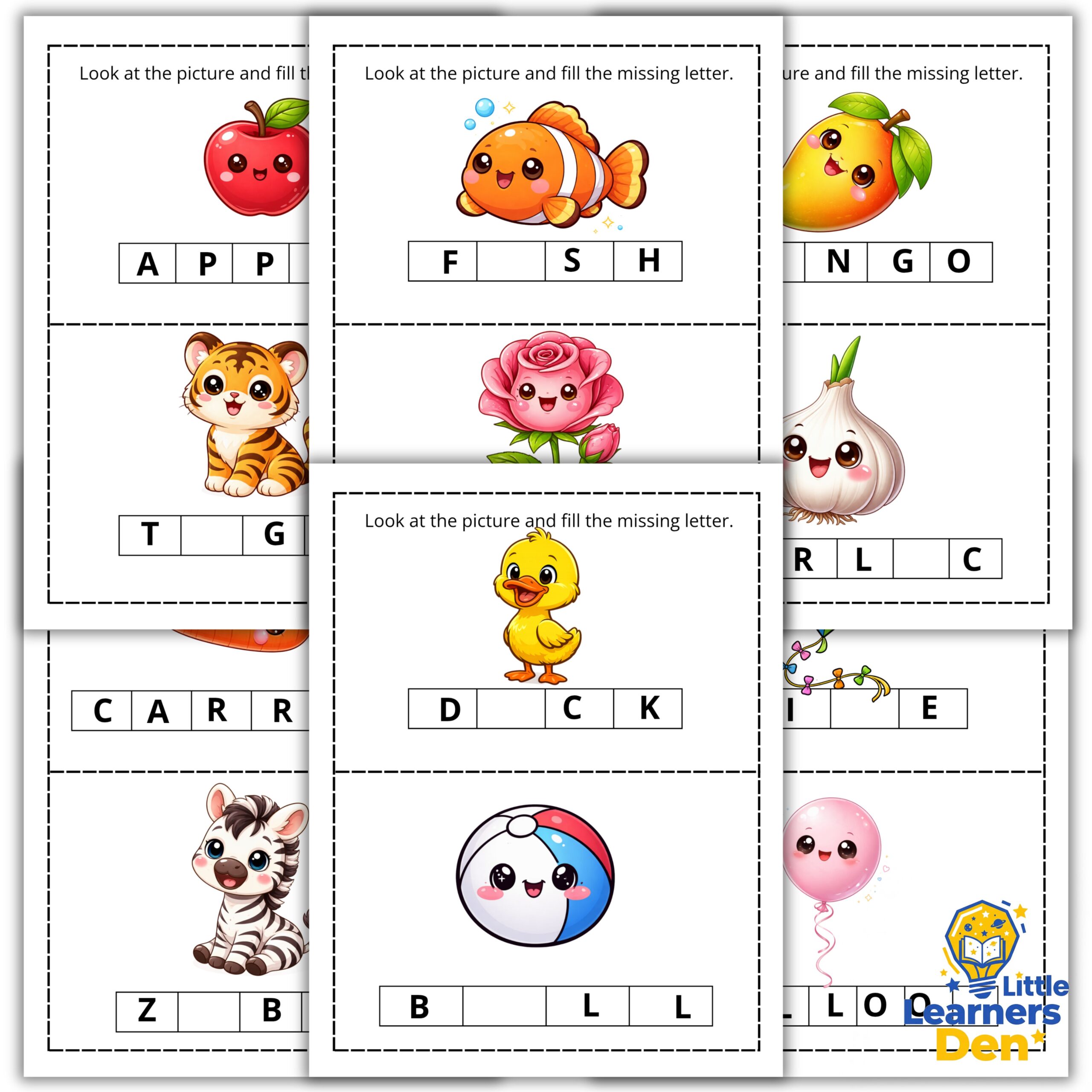 English Words Learning Workbook: 50 Missing Letter Words (Ages 3-6) - PDF - Instant Download | Digital Product 3 English Words Learning Workbook: 50 Missing Letter Words (Ages 3-6) - PDF - Instant Download | Digital Product - Image 2